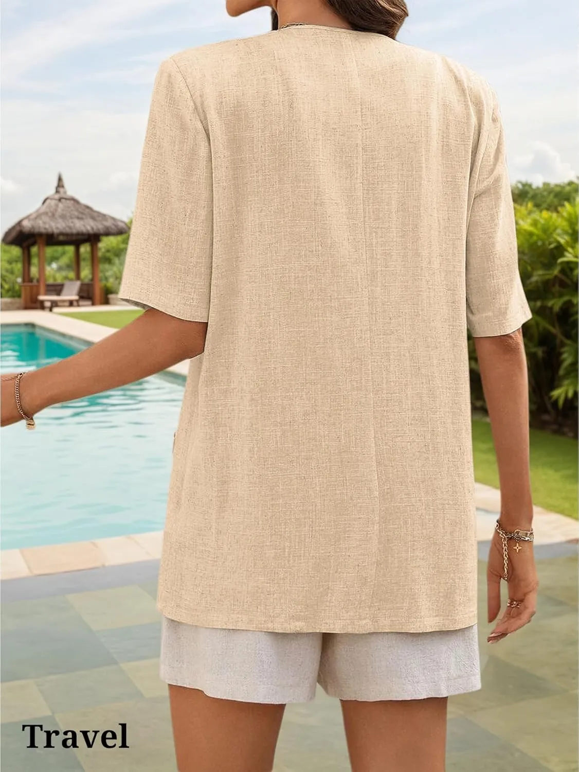 Short Sleeve Linen Blazer Women 2025 Summer Lightweight Breathable Collarless Beach Vacation Jacket with Pockets