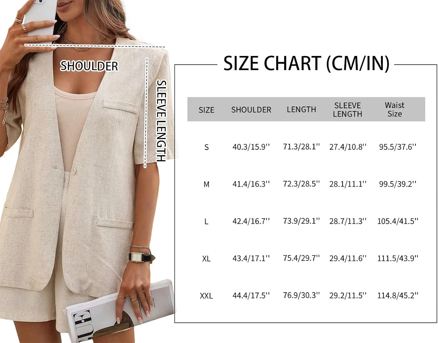 Short Sleeve Linen Blazer Women 2025 Summer Lightweight Breathable Collarless Beach Vacation Jacket with Pockets