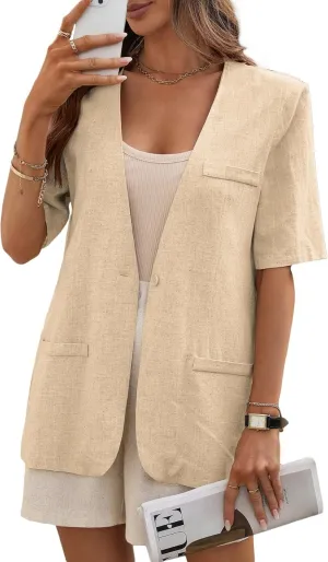 Short Sleeve Linen Blazer Women 2025 Summer Lightweight Breathable Collarless Beach Vacation Jacket with Pockets