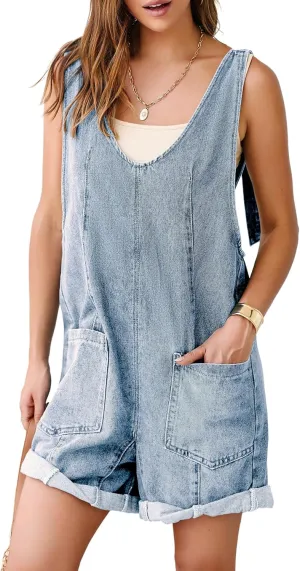 Simplee Womens Denim Romper 2025 Sleeveless Casual Jean Outfits V Neck High Roller Overall Shorts Jumpsuits Trendy