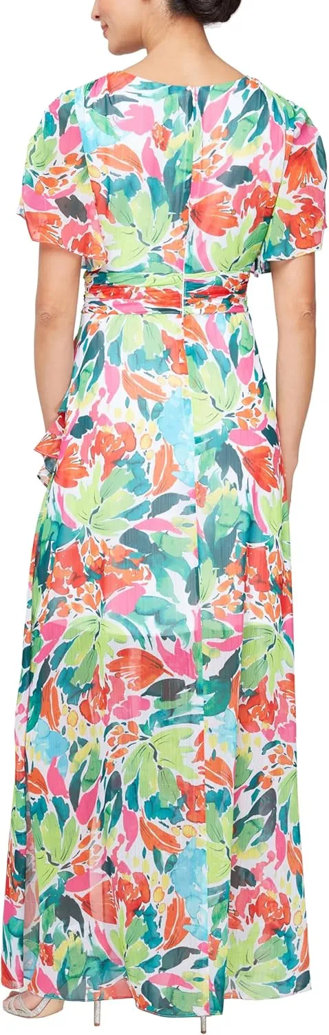 S.L. Fashions Women's Short Sleeve Long Maxi Dress with Ruched Waist, Spring/Summer Party Gown, Wedding Guest