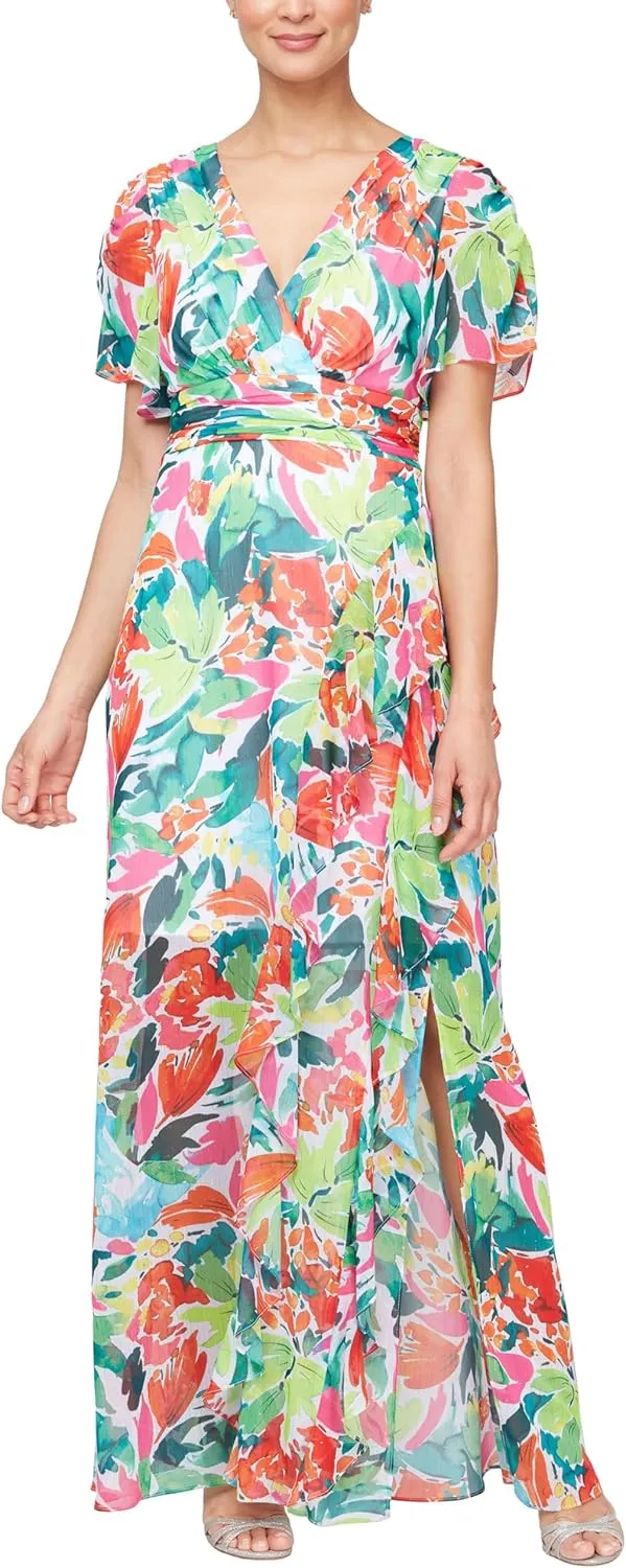 S.L. Fashions Women's Short Sleeve Long Maxi Dress with Ruched Waist, Spring/Summer Party Gown, Wedding Guest