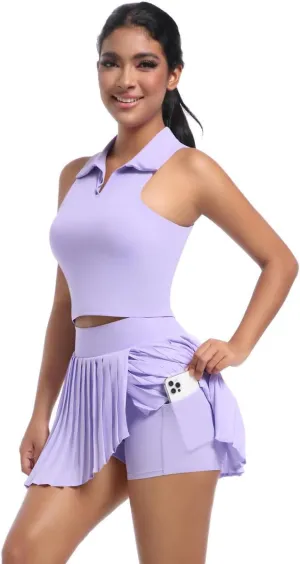 Solid color lapel vest breathable fake two-piece pleated skirt suit sports running fitness yoga wear