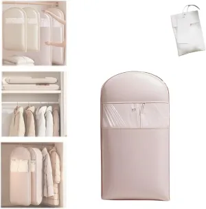 Space Saving Hanging Garment Bag, Clear Garment Bags with Self Compression Zipper, Clothes Dust Cover for Down Coat, Vacuum Seal Storage Bags, Hanging Wardrobe Storage(Pink,Medium)