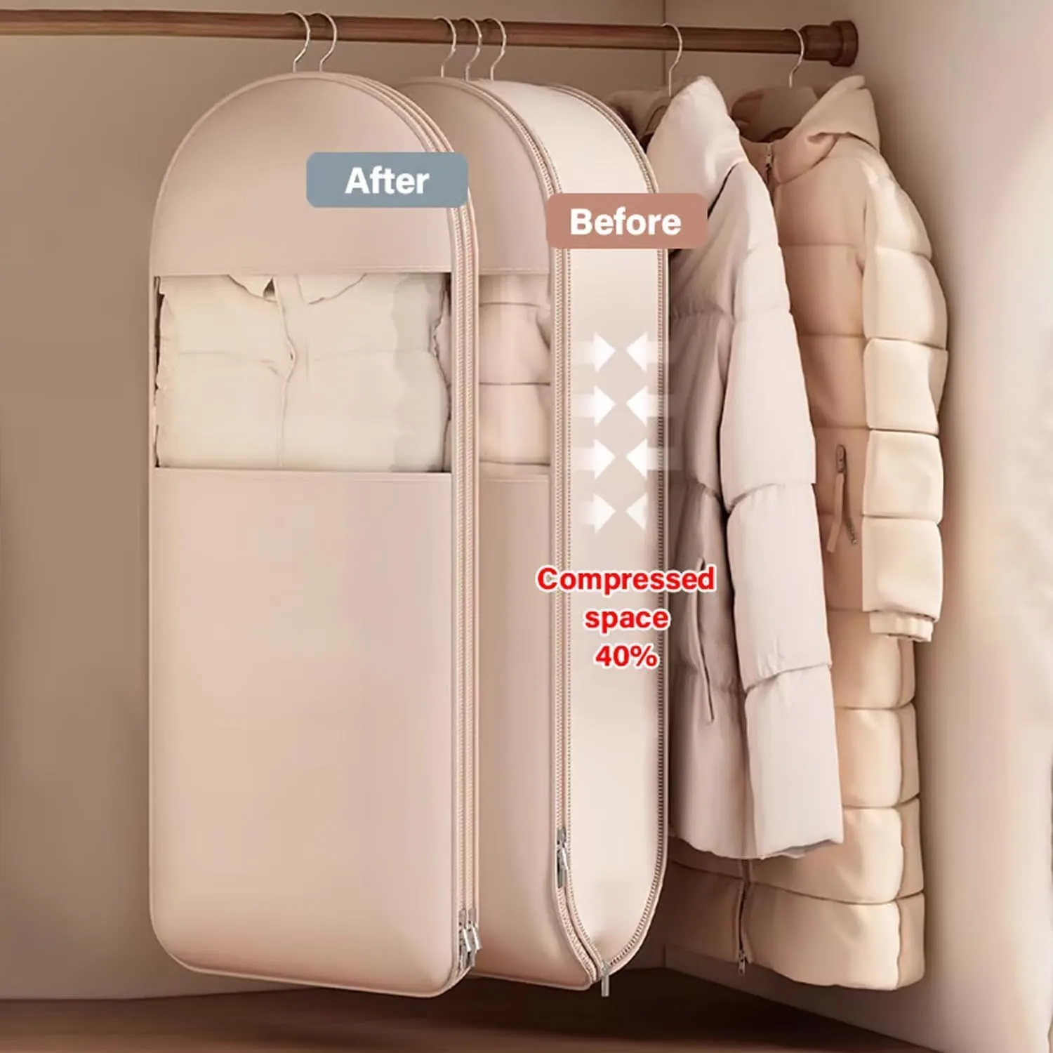 Space Saving Hanging Garment Bag with Self Compression Zipper, Dust Cover Clothes Bags for Down Coat, Space Saver Closet Organizer, Heavy Duty Garment Bags for Storage (pink,X-Large)