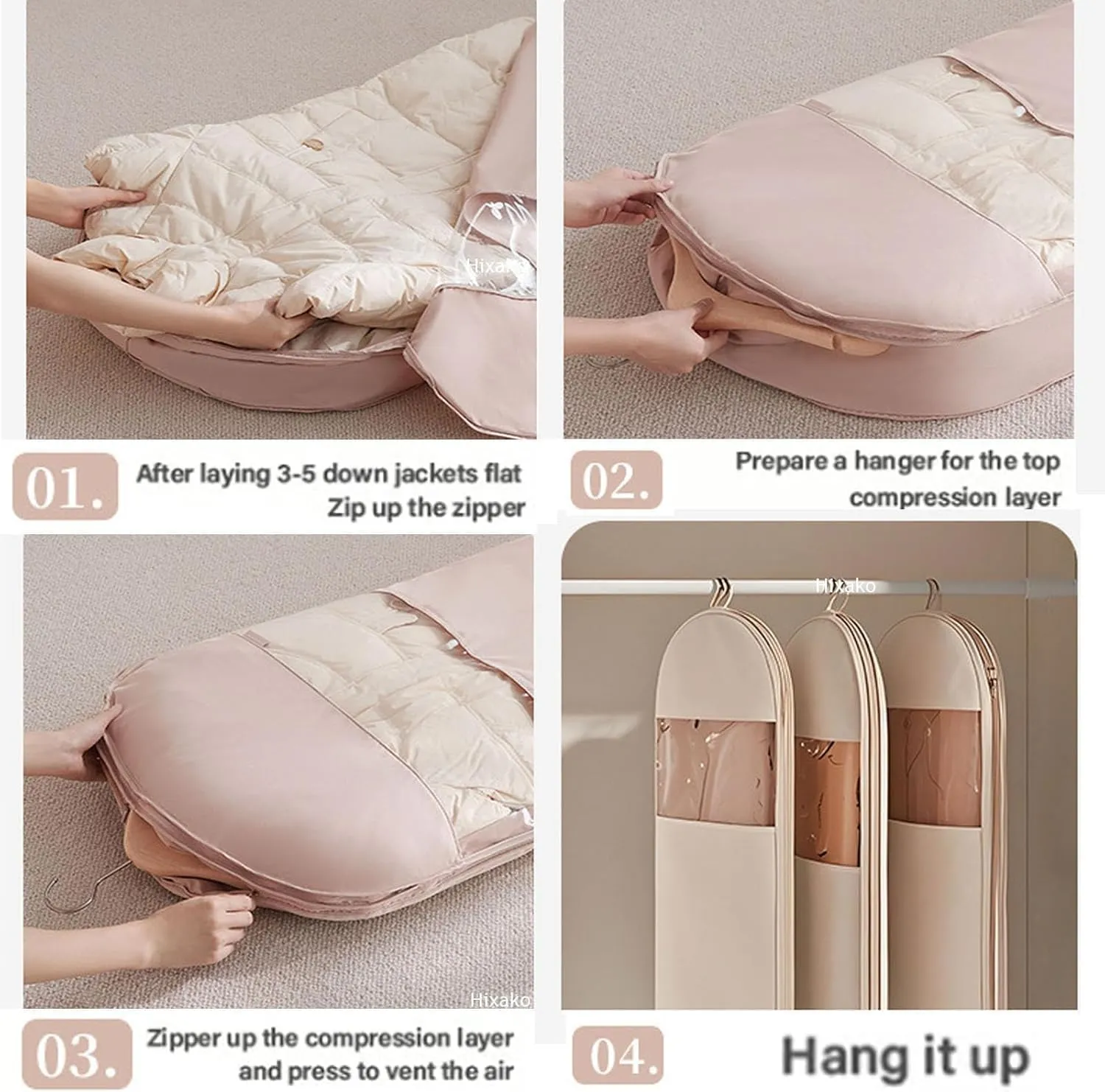 Space Saving Hanging Garment Bag with Self Compression Zipper, Dust Cover Clothes Bags for Down Coat, Space Saver Closet Organizer, Heavy Duty Garment Bags for Storage (pink,X-Large)