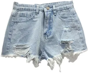 Sparkling Rhinestone-Studded Denim Hot Pants Women Denim Shorts Summer Fashion High Waist Wide Legs Short