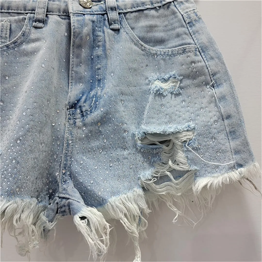 Sparkling Rhinestone-Studded Denim Hot Pants Women Denim Shorts Summer Fashion High Waist Wide Legs Short