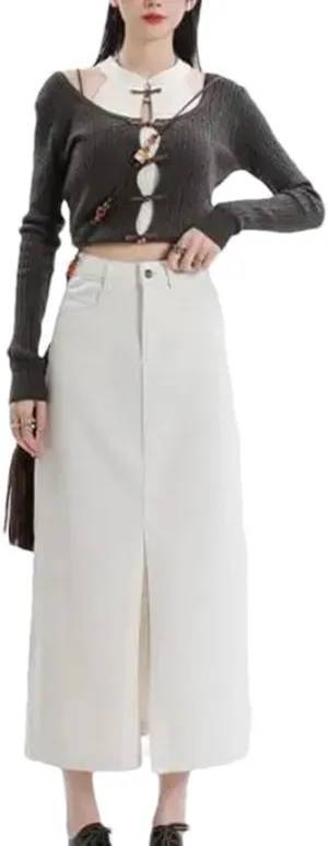 Split Denim Skirt for Women's High Waisted Loose A-Line Long Wrap Hip Skirt