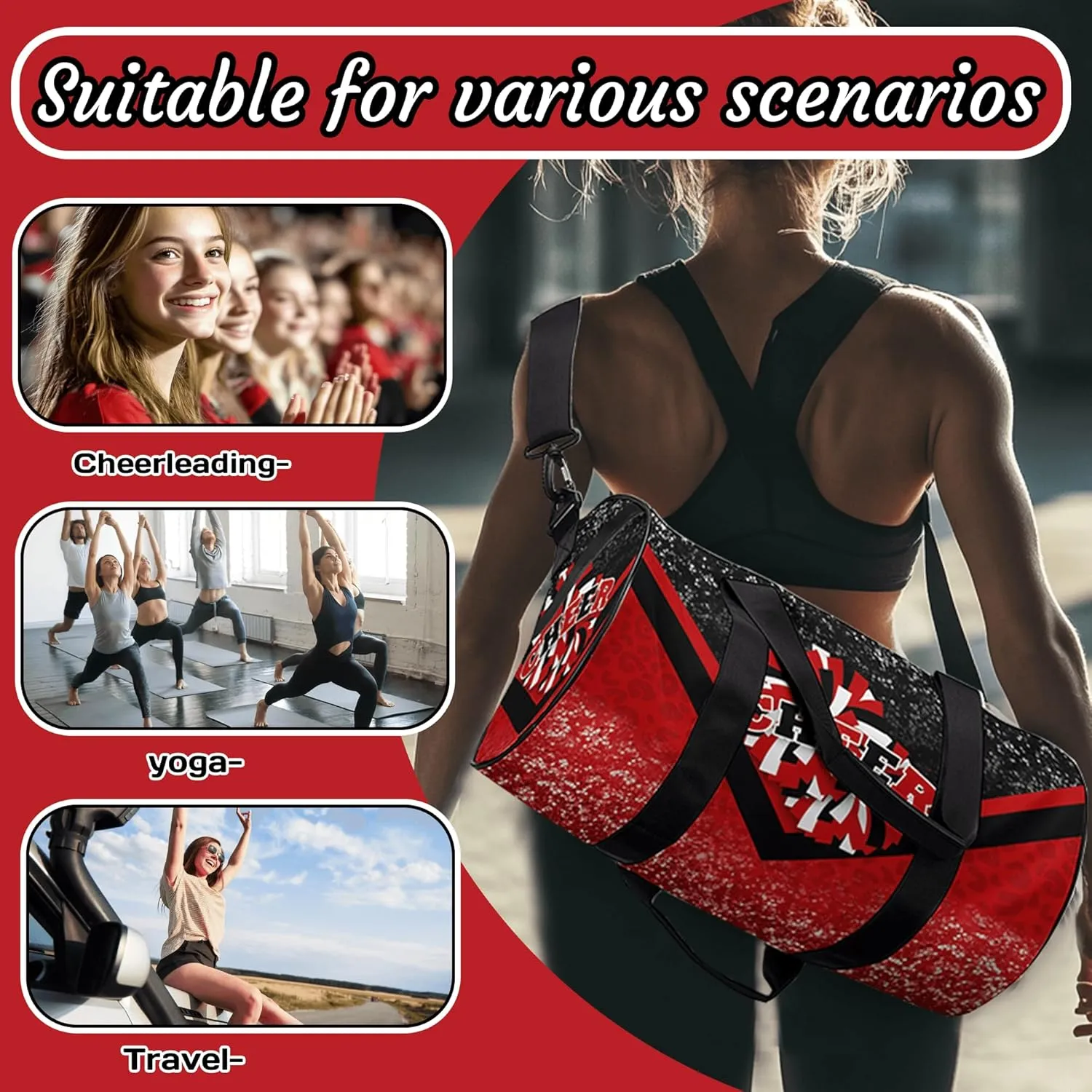 Sports Duffel for Cheerleaders, Cheer Bag for Women, Travel Duffle Bag, Weekender Bag, Cheerleading Gym Bag (Black&Red)