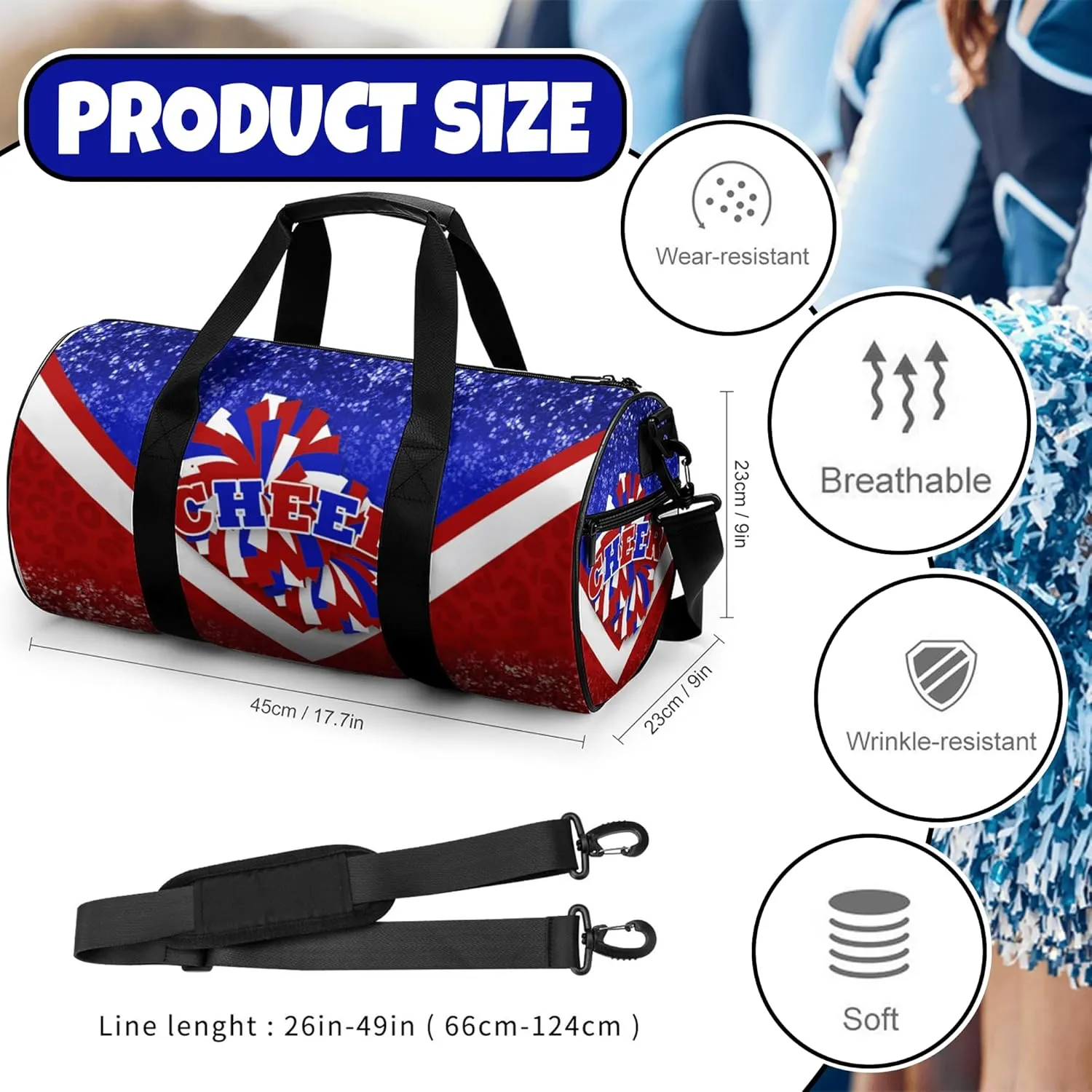 Sports Duffel for Cheerleaders, Cheer Bag for Women, Travel Duffle Bag, Weekender Bag, Cheerleading Gym Bag (Blue&Red)