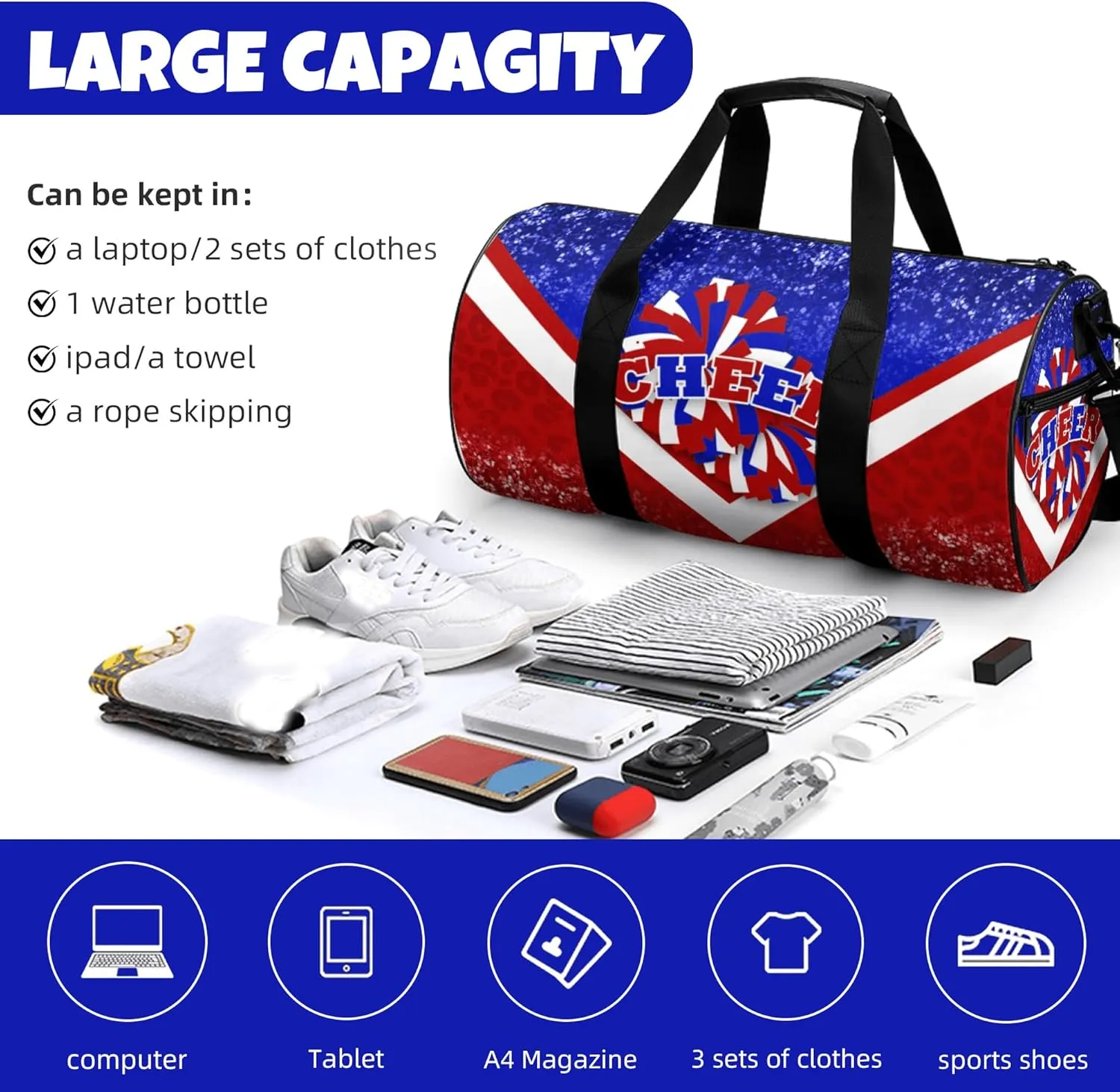 Sports Duffel for Cheerleaders, Cheer Bag for Women, Travel Duffle Bag, Weekender Bag, Cheerleading Gym Bag (Blue&Red)