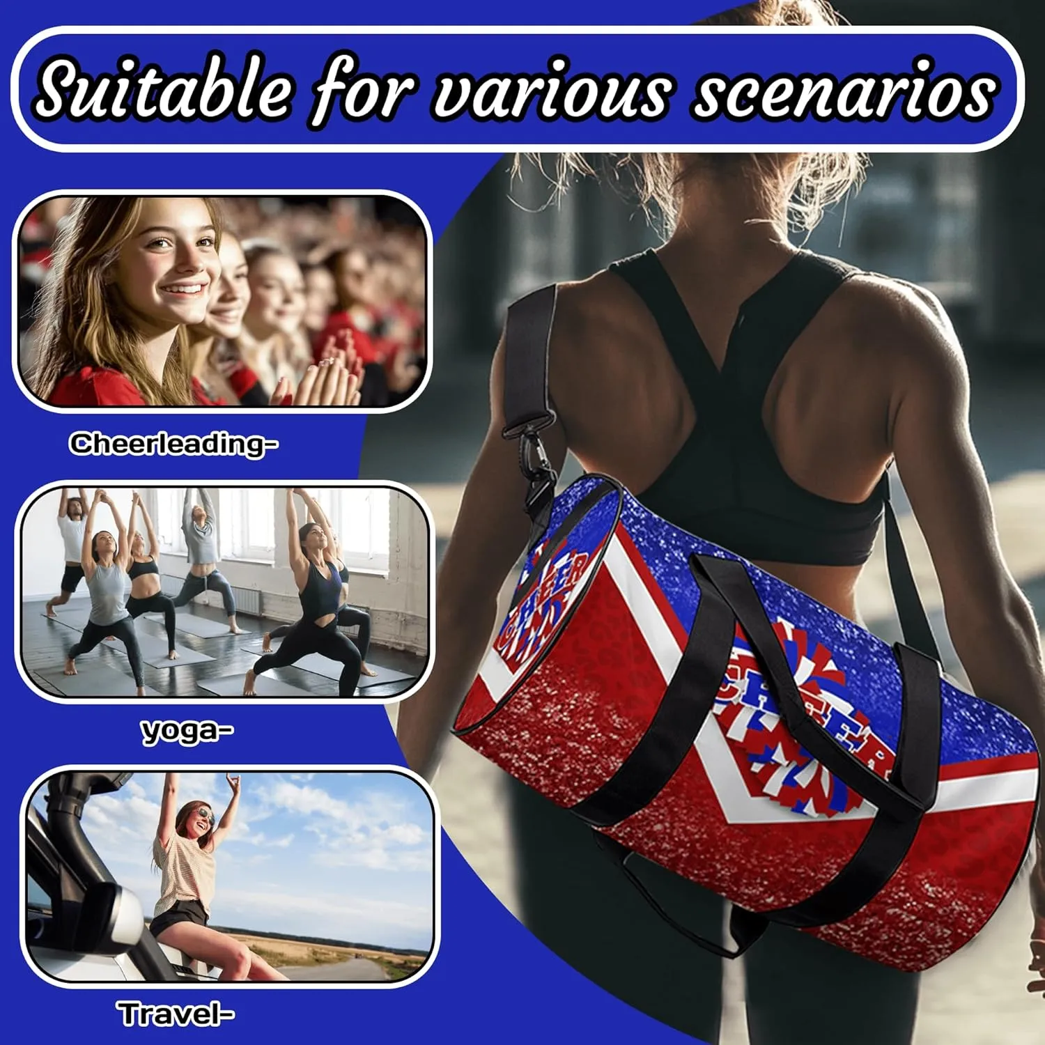 Sports Duffel for Cheerleaders, Cheer Bag for Women, Travel Duffle Bag, Weekender Bag, Cheerleading Gym Bag (Blue&Red)
