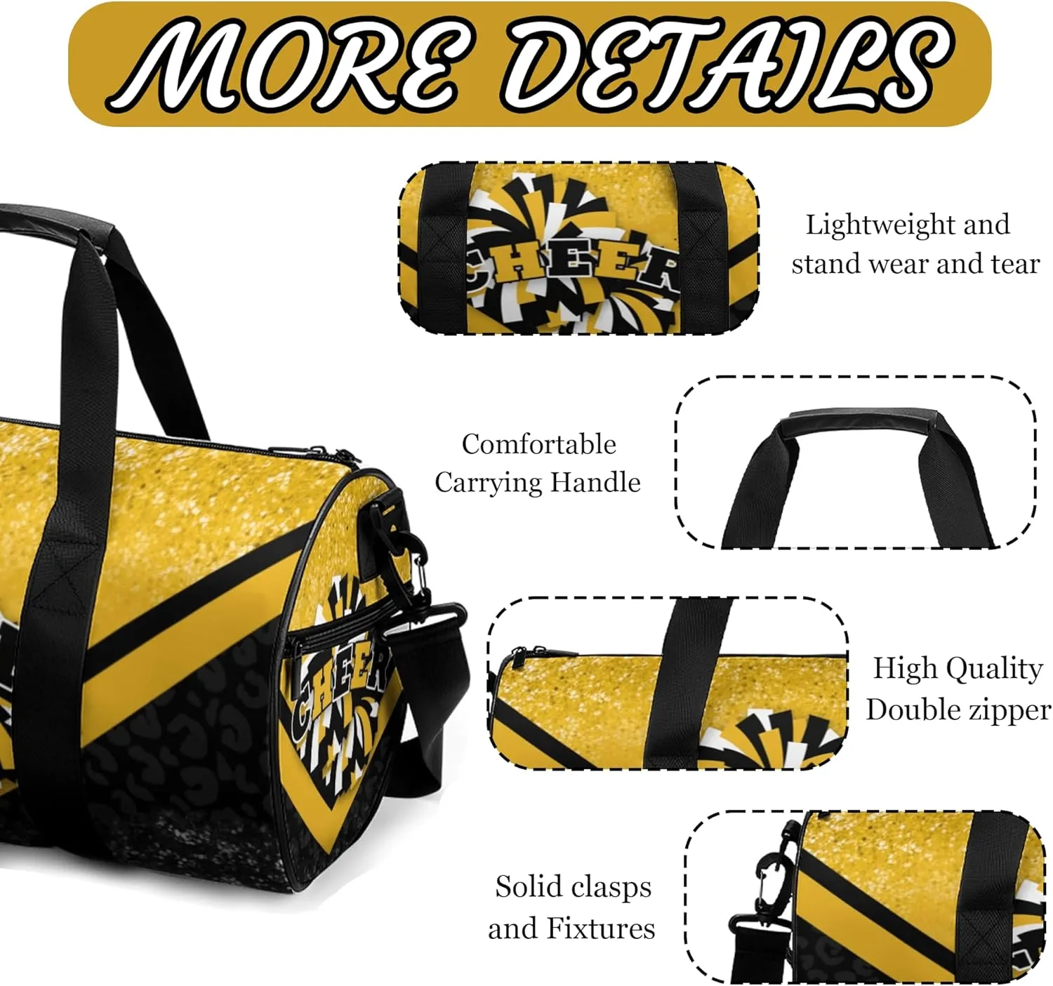 Sports Duffel for Cheerleaders, Cheer Bag for Women, Travel Duffle Bag, Weekender Bag, Cheerleading Gym Bag (Gold&Black)