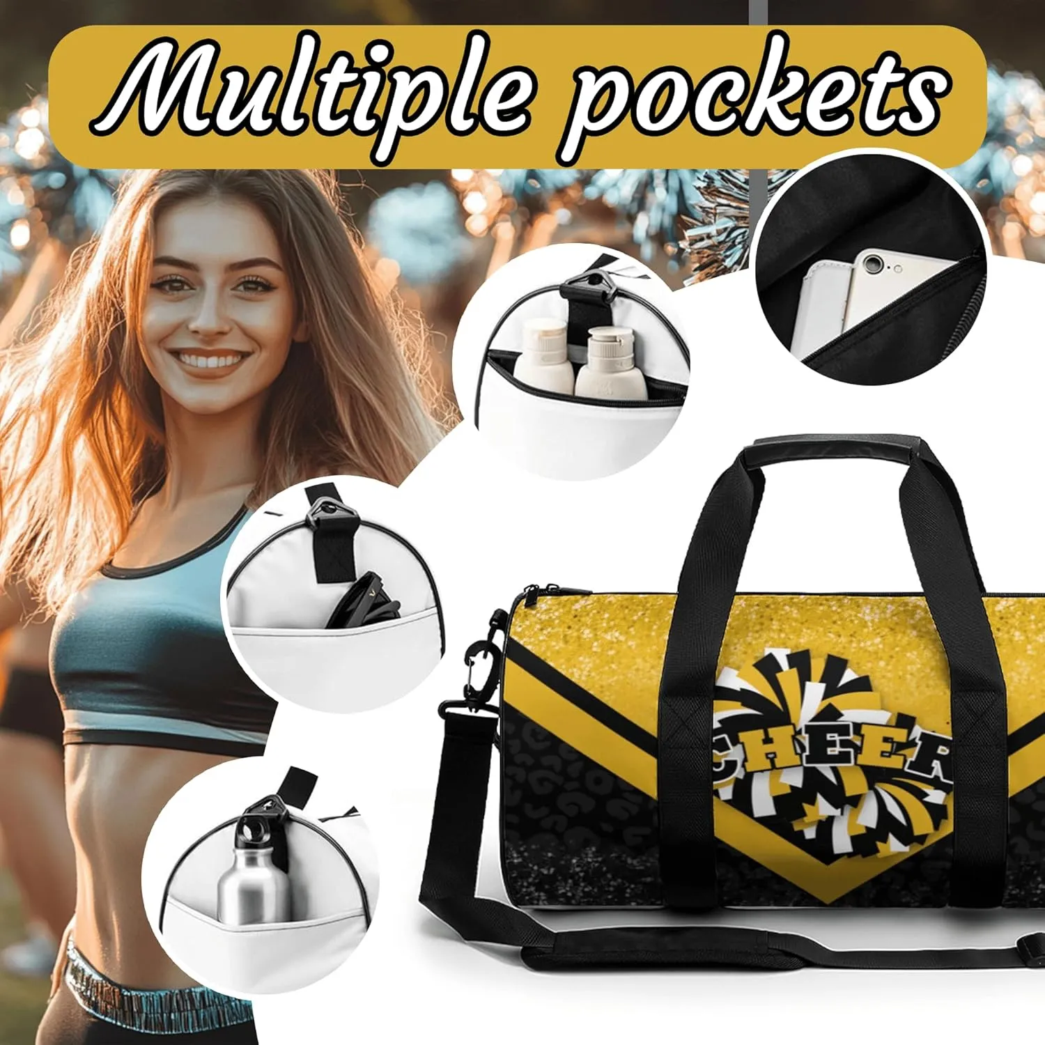 Sports Duffel for Cheerleaders, Cheer Bag for Women, Travel Duffle Bag, Weekender Bag, Cheerleading Gym Bag (Gold&Black)