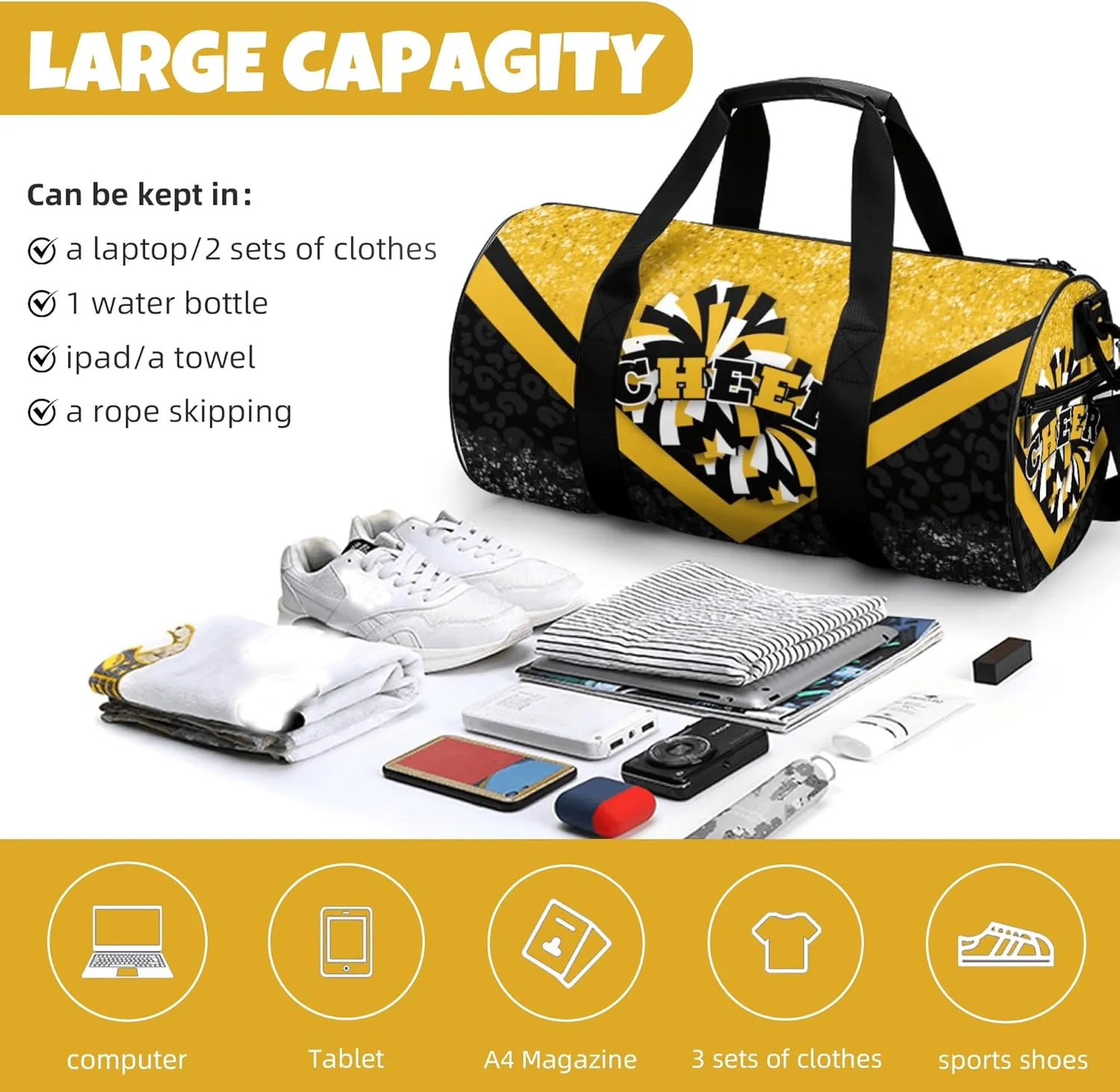 Sports Duffel for Cheerleaders, Cheer Bag for Women, Travel Duffle Bag, Weekender Bag, Cheerleading Gym Bag (Gold&Black)