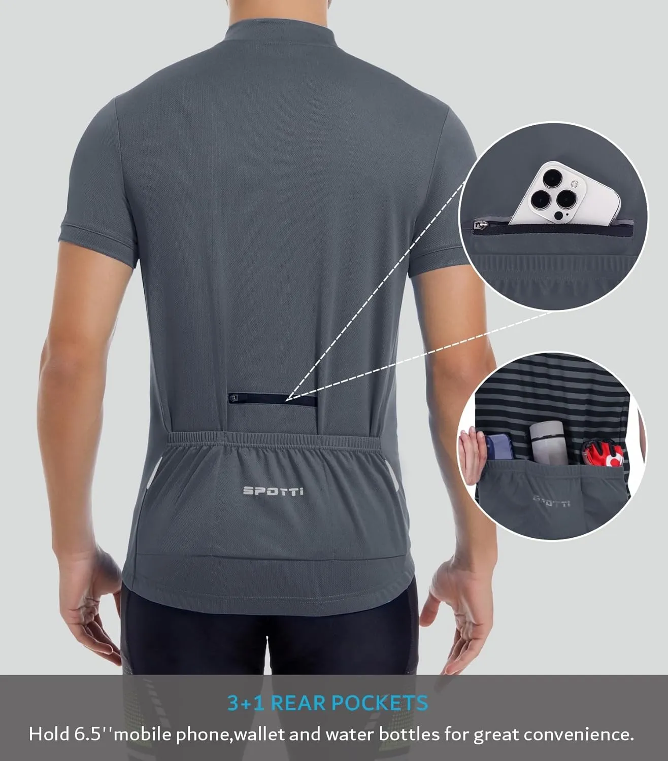 Spotti Men's Cycling Bike Jersey Short Sleeve with 3 Rear Pockets- Moisture Wicking, Breathable, Quick Dry Biking Shirt