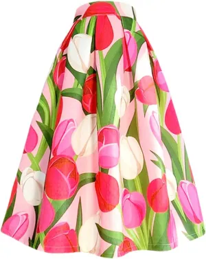 Spring Autumn Vintage High Waisted Pleated Midi Skirts Floral Print Purple Rose Pleated Midi Skirt