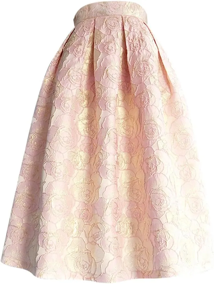 Spring Autumn Vintage High Waisted Pleated Midi Skirts Floral Print Purple Rose Pleated Midi Skirt