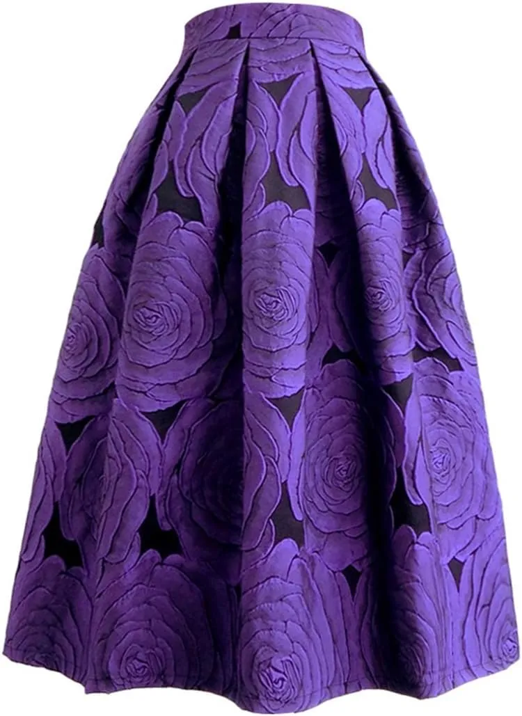 Spring Autumn Vintage High Waisted Pleated Midi Skirts Floral Print Purple Rose Pleated Midi Skirt