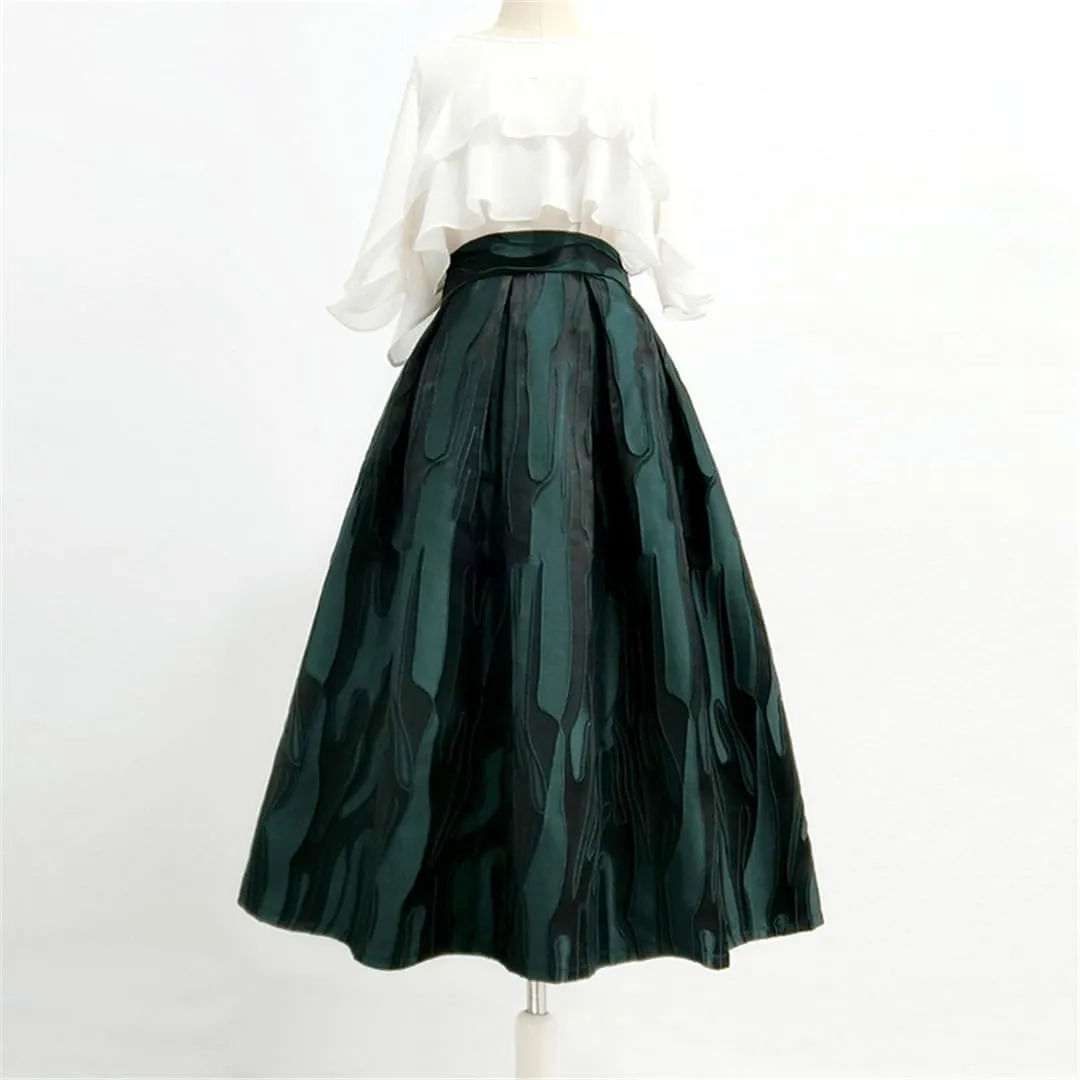 Spring Fall Vintage Korean Women Geometric Floral Print High Waist Long White Pleated Midi Skirt