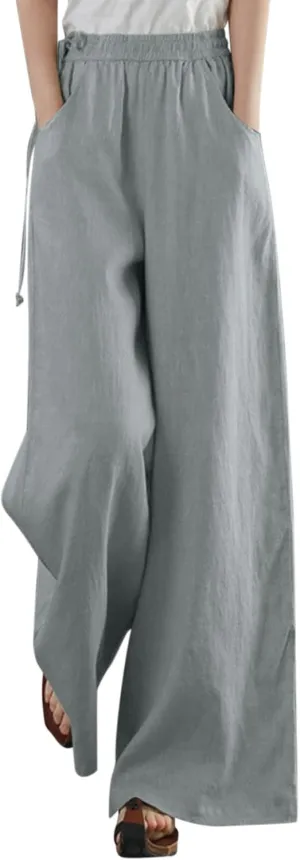 Spring Linen Pants for Women Casual Baggy Pants with Pockets Summer Comfy Wide Leg Trousers Boho Lounge Palazzo Pant