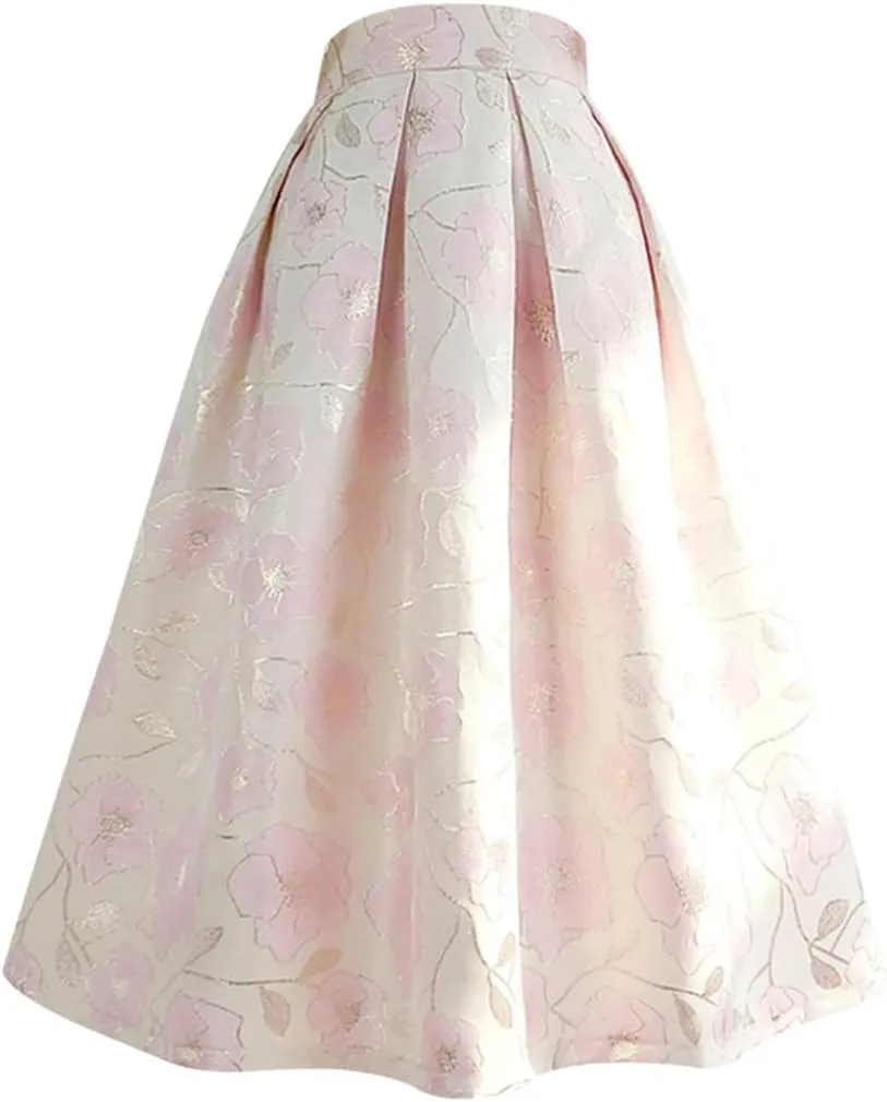 Spring Summer Korean Vintage Women Pink Tulip Floral Print High Waist Pleated Midi Skirt