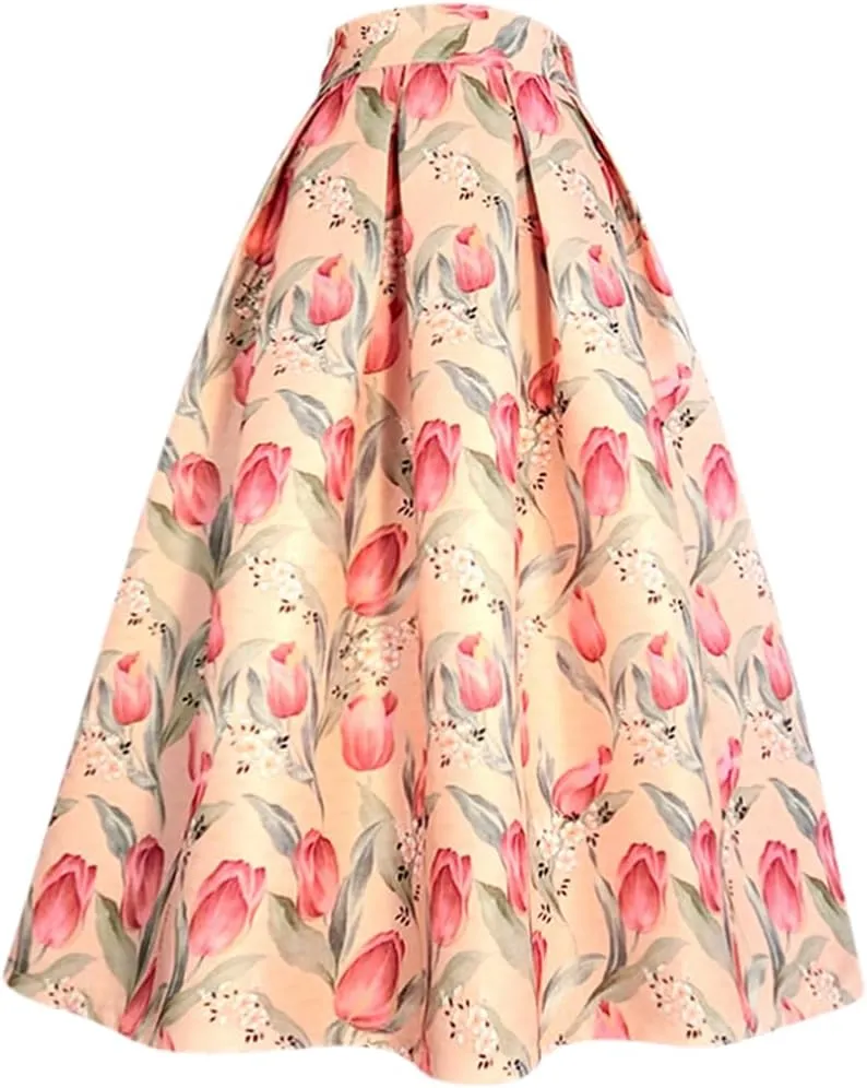 Spring Summer Korean Vintage Women Pink Tulip Floral Print High Waist Pleated Midi Skirt