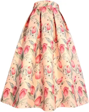 Spring Summer Korean Vintage Women Pink Tulip Floral Print High Waist Pleated Midi Skirt