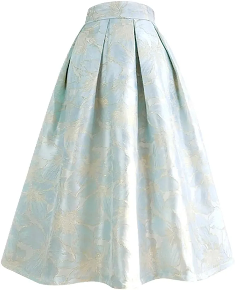 Spring Summer Korean Vintage Women Pink Tulip Floral Print High Waist Pleated Midi Skirt