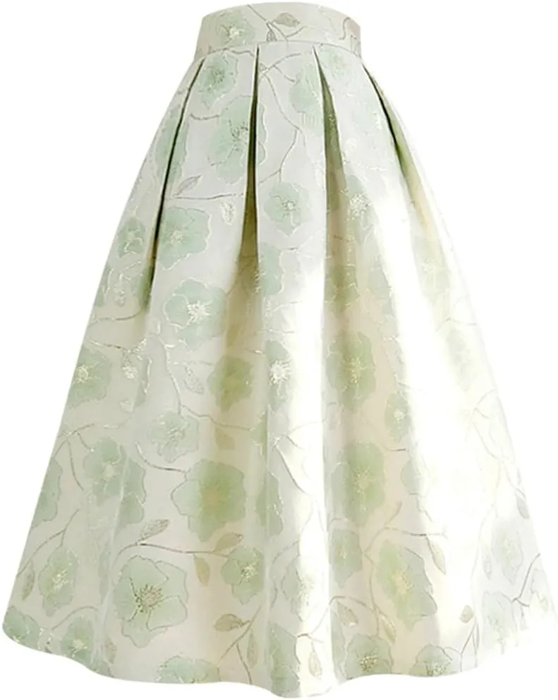 Spring Summer Korean Vintage Women Pink Tulip Floral Print High Waist Pleated Midi Skirt