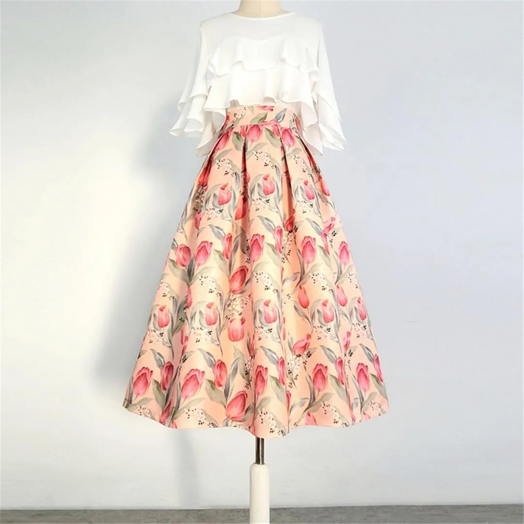 Spring Summer Korean Vintage Women Pink Tulip Floral Print High Waist Pleated Midi Skirt