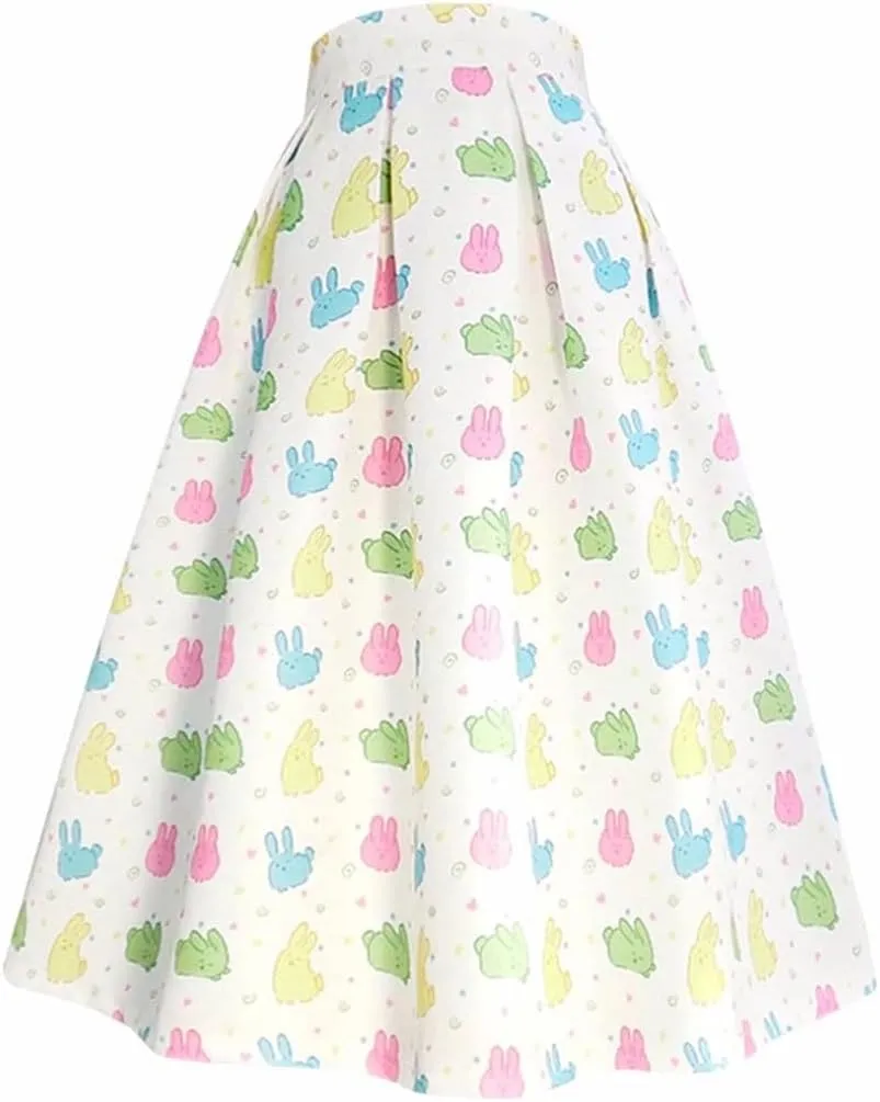Spring Summer Korean Vintage Women Pink Tulip Floral Print High Waist Pleated Midi Skirt