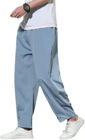 Spring Summer Men Thin Ice Silk Pants Casual Solid Color Breathable Trousers Elastic Waist Harem Pants