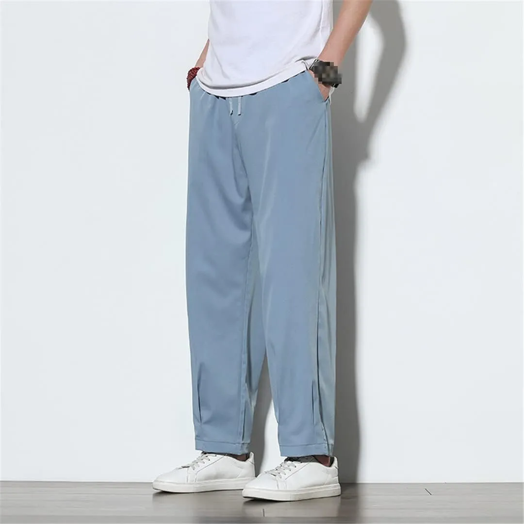 Spring Summer Men Thin Ice Silk Pants Casual Solid Color Breathable Trousers Elastic Waist Harem Pants