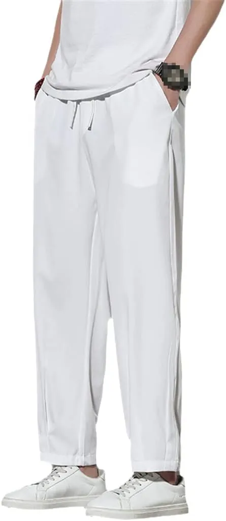 Spring Summer Men Thin Ice Silk Pants Casual Solid Color Breathable Trousers Elastic Waist Harem Pants