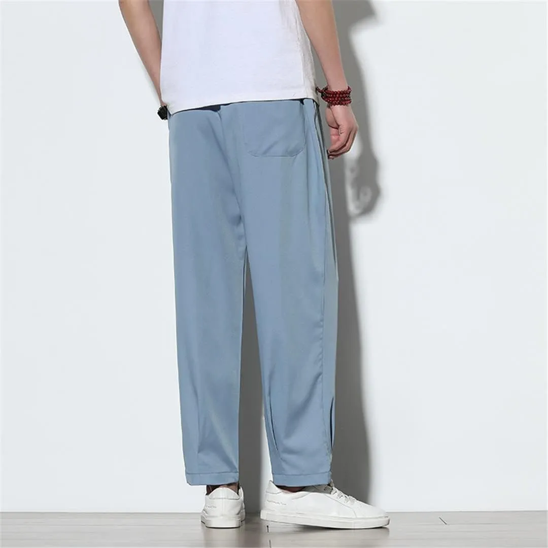 Spring Summer Men Thin Ice Silk Pants Casual Solid Color Breathable Trousers Elastic Waist Harem Pants