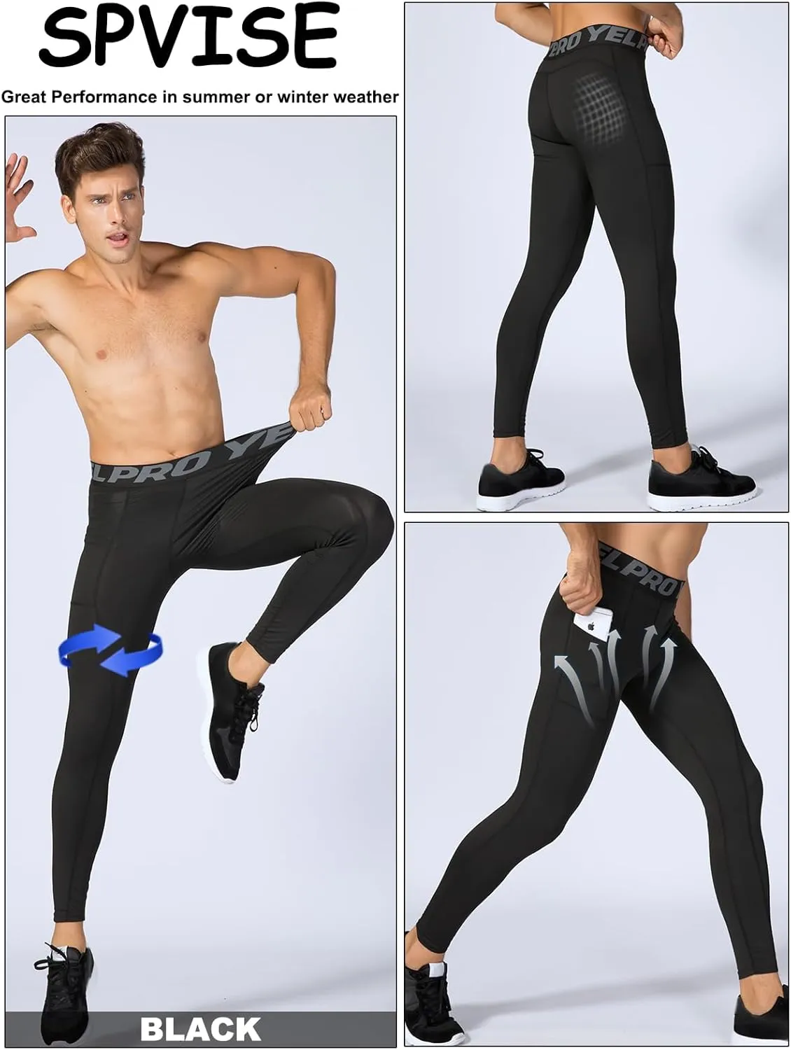 SPVISE 3 Pack Men's Compression Pants Leggings Running Tights with Pockets Cool Dry Workout Base Layer Athletic Gym Pants