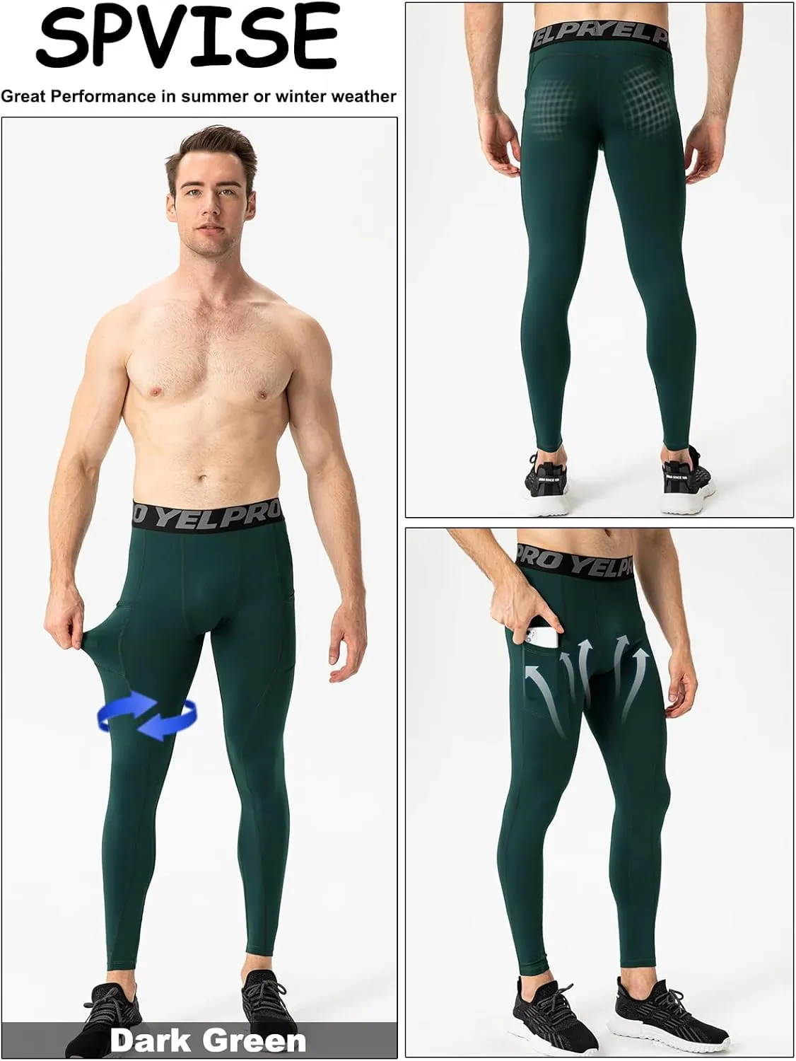 SPVISE 3 Pack Men's Compression Pants Leggings Running Tights with Pockets Cool Dry Workout Base Layer Athletic Gym Pants