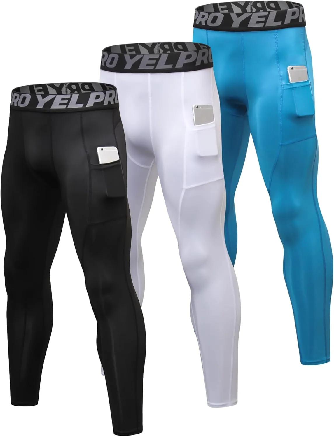 SPVISE 3 Pack Men's Compression Pants Leggings Running Tights with Pockets Cool Dry Workout Base Layer Athletic Gym Pants
