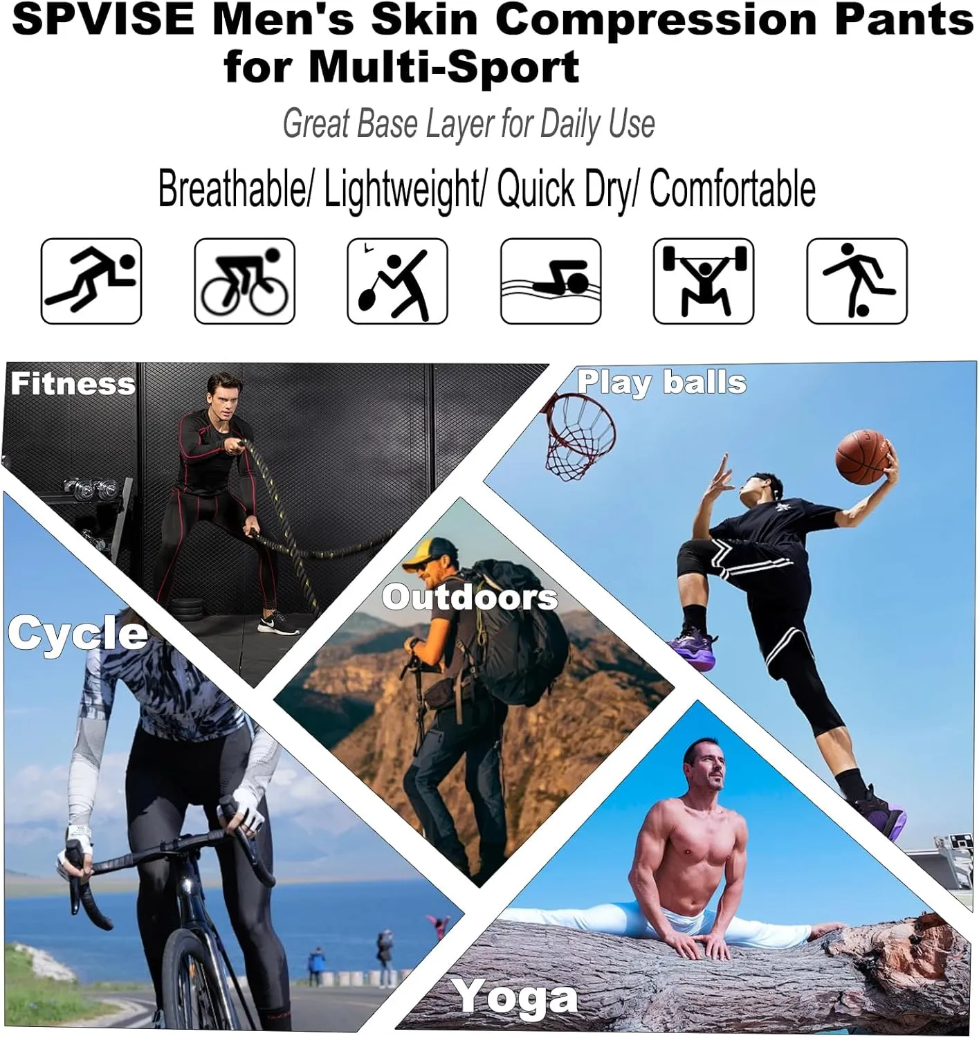 SPVISE 3 Pack Men's Compression Pants Leggings Running Tights with Pockets Cool Dry Workout Base Layer Athletic Gym Pants