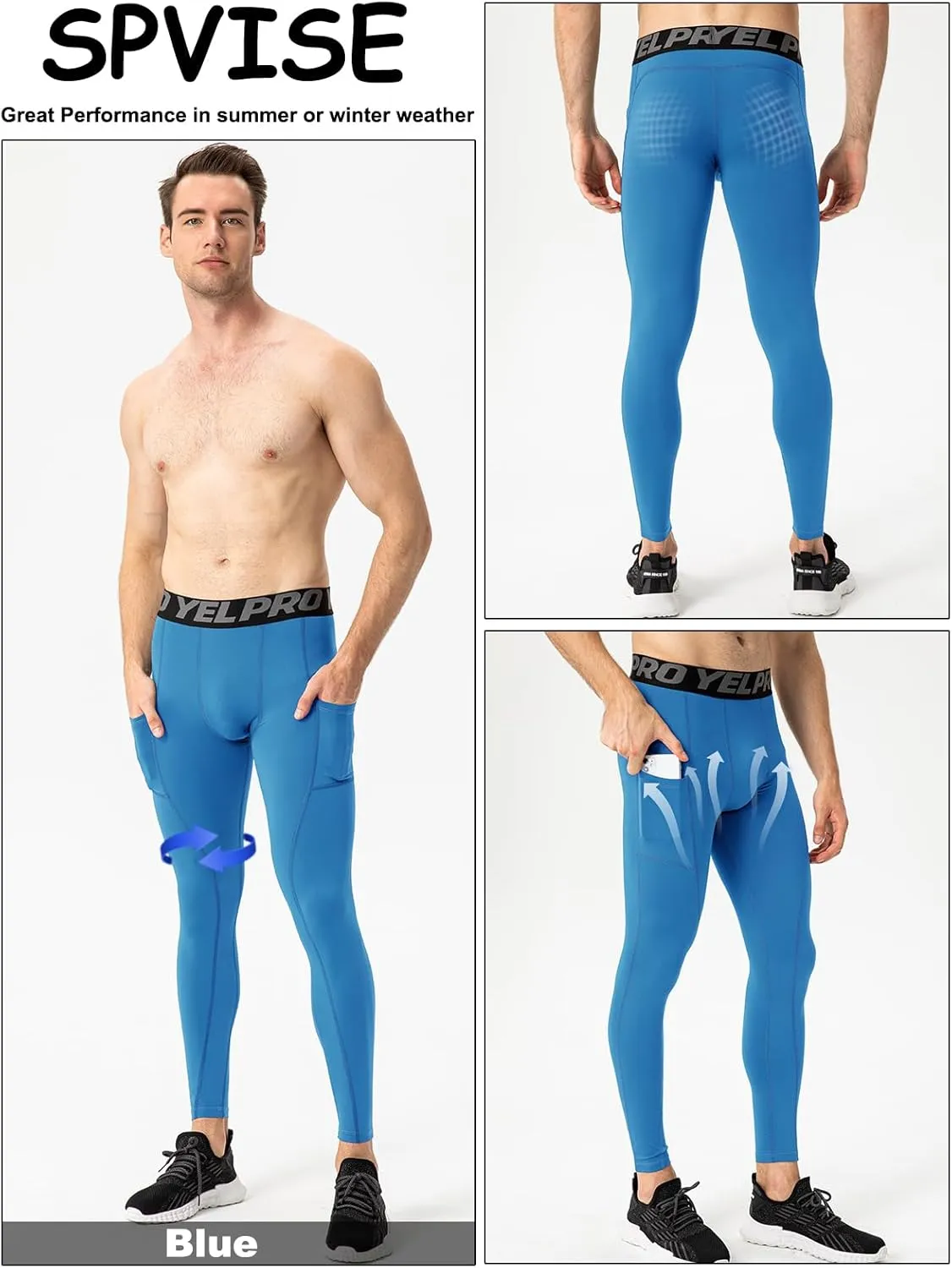 SPVISE 3 Pack Men's Compression Pants Leggings Running Tights with Pockets Cool Dry Workout Base Layer Athletic Gym Pants