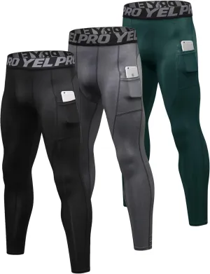 SPVISE 3 Pack Men's Compression Pants Leggings Running Tights with Pockets Cool Dry Workout Base Layer Athletic Gym Pants