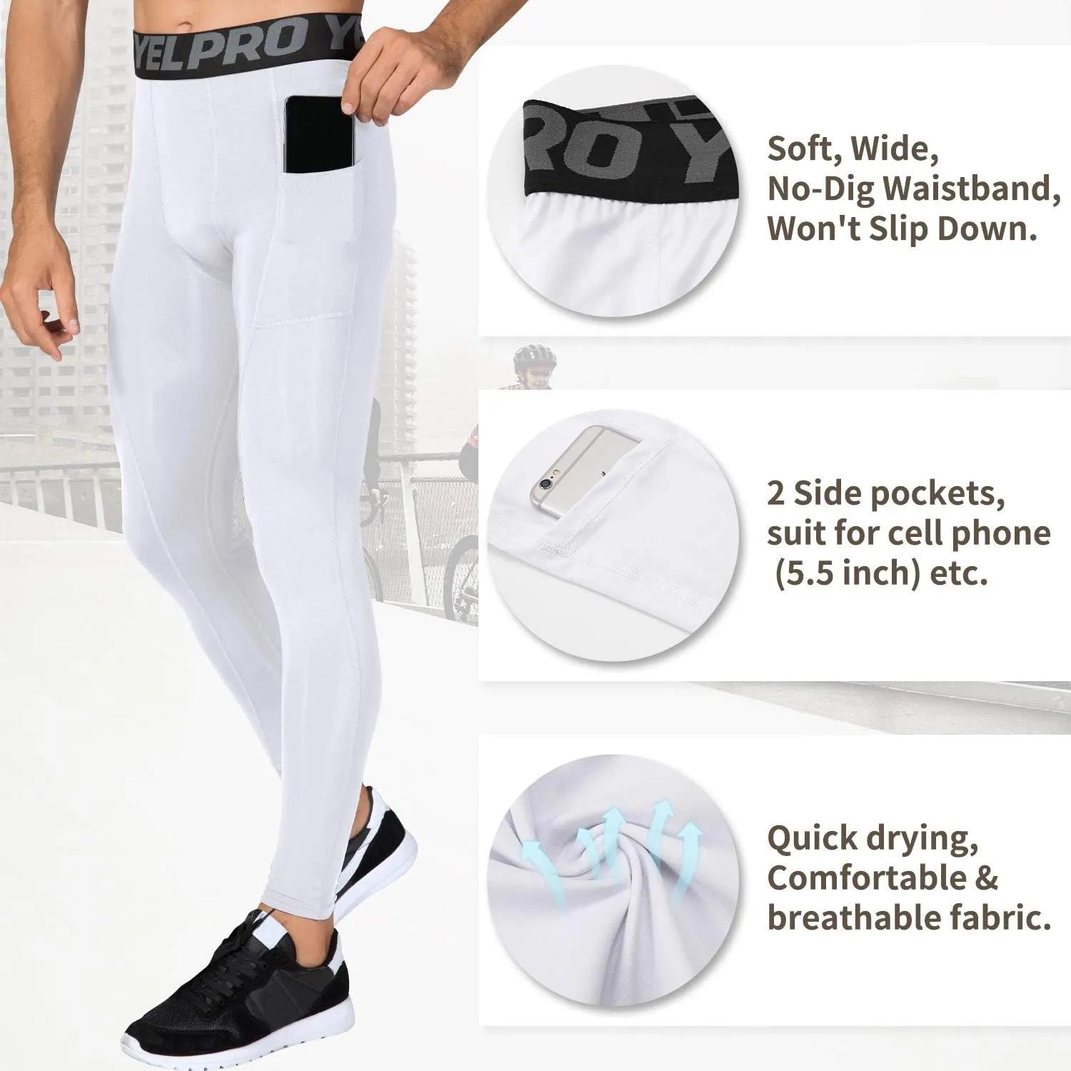 SPVISE 3 Pack Men's Compression Pants Leggings Running Tights with Pockets Cool Dry Workout Base Layer Athletic Gym Pants