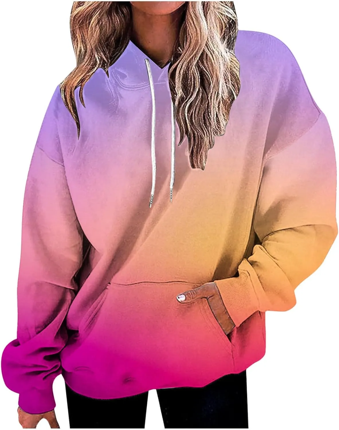 Stessotudo Oversized Hoodies for Women Casual Gradient Pullover Sweatshirts with Pocket Long Sleeve Trendy Y2K Hooded Tops