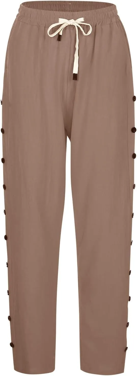 Striped Linen Pants Women Casual Summer Elastic Waist Trendy Slacks Straight Leg Lightweight Trousers with Pockets