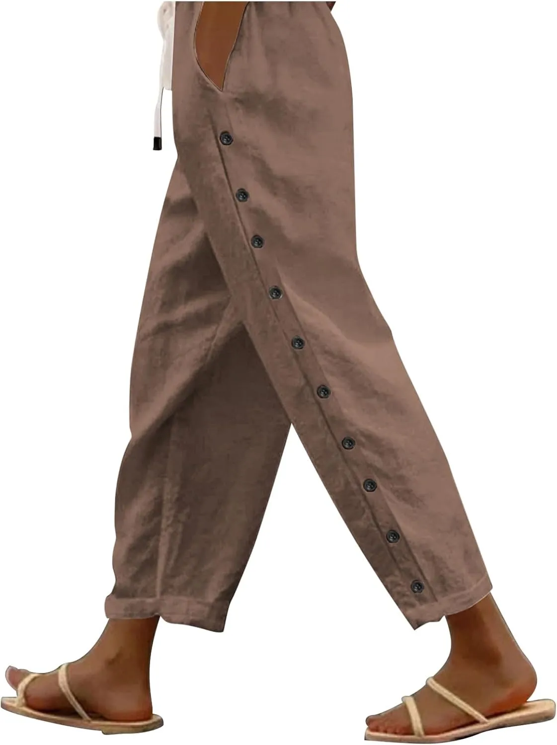 Striped Linen Pants Women Casual Summer Elastic Waist Trendy Slacks Straight Leg Lightweight Trousers with Pockets