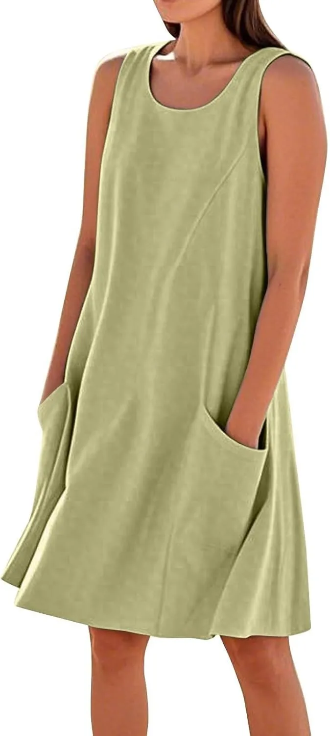 Summer Crinkle Linen Sundress for Women Sleeveless Tank Dress Breathable Beach Wedding Guest & Vacation Dress