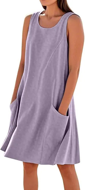 Summer Crinkle Linen Sundress for Women Sleeveless Tank Dress Breathable Beach Wedding Guest & Vacation Dress