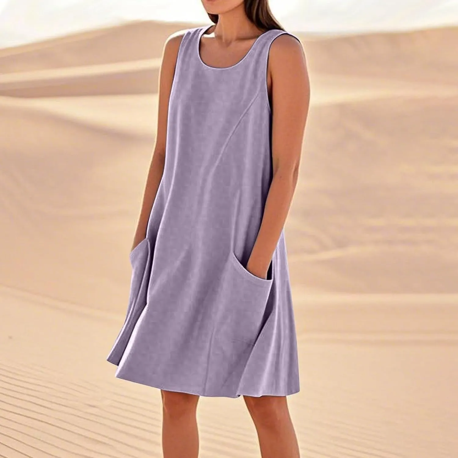 Summer Crinkle Linen Sundress for Women Sleeveless Tank Dress Breathable Beach Wedding Guest & Vacation Dress